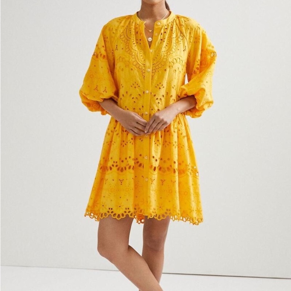 Anthropologie Tallulah Eyelet Dress Yellow Small Embroidered OB274803